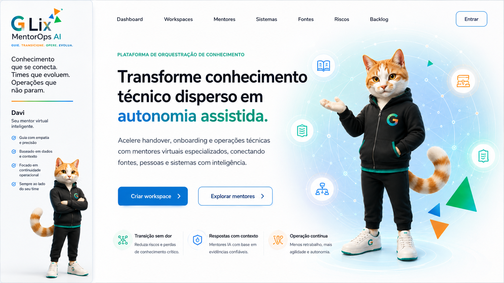 Tela institucional do MentorOps AI com o mascote Davi