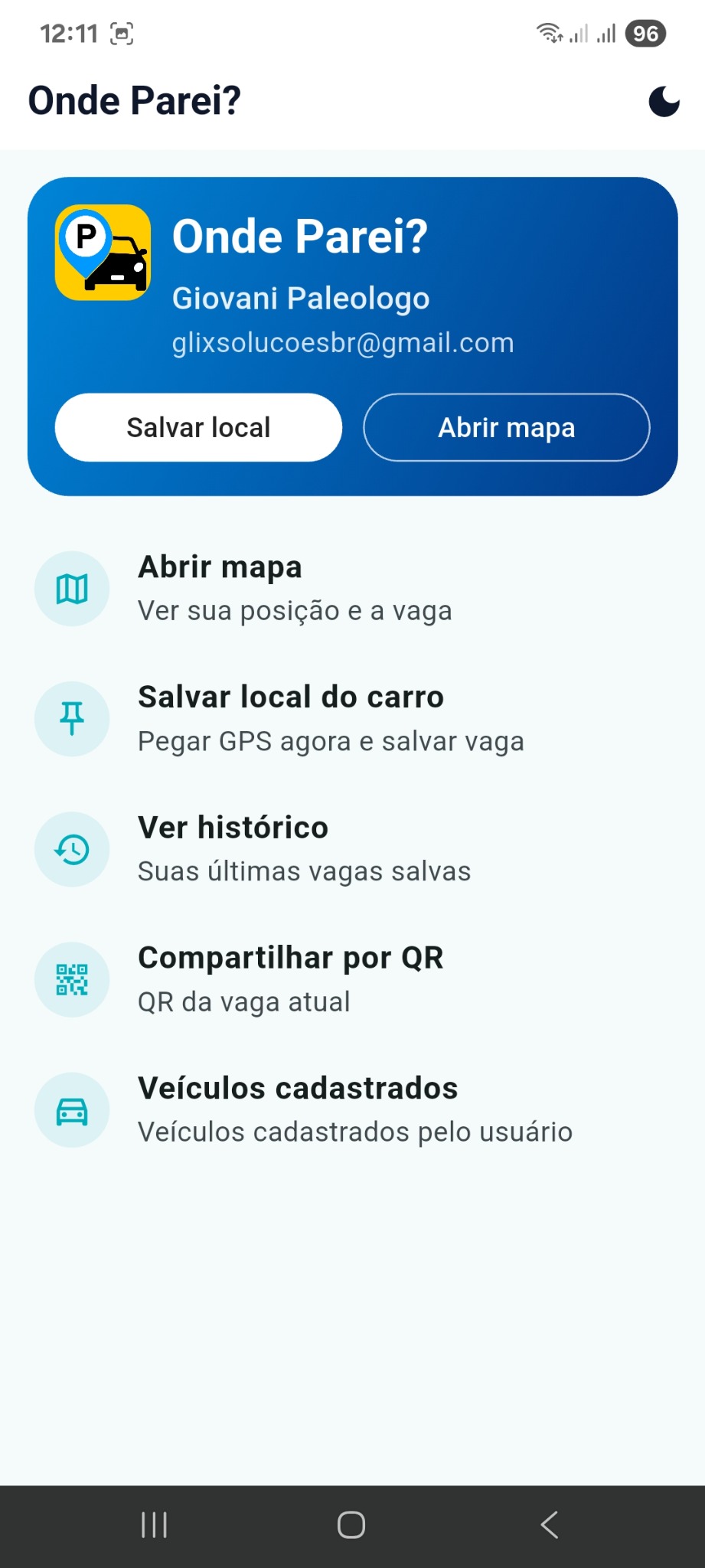 Tela principal do app Onde Parei